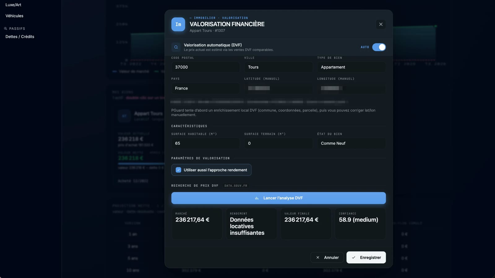 Fenêtre Valorisation financière de PGuard pour un appartement : estimation automatique DVF activée, caractéristiques du bien, approche par le rendement, puis résultats marché, rendement, valeur finale et confiance.