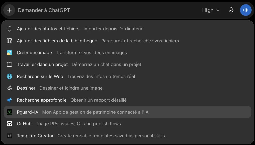 Menu + de la zone de saisie de ChatGPT : ajout de fichiers, création d’image, projets, recherche sur le Web, recherche approfondie, et le plugin Pguard-IA mis en évidence.